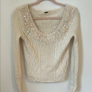 Free People Cream Scoop Neck Sweater with Lace Knit and Embellishments